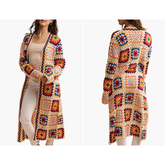 Saachi Cardigan Crochet Duster ‎ Granny Square Knit Bohemian Colorful One Size